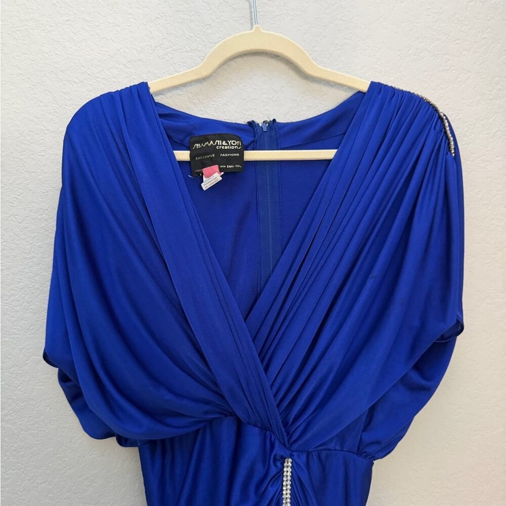 Vintage Shamash and Yofi Creations Royal Blue Draped Dress Size 7/8 Ruched - Picture 3 of 14